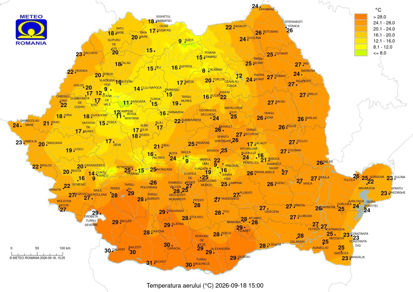 A délután három órakor mért hőmérsékleti értékek 2026. szeptember 18-án