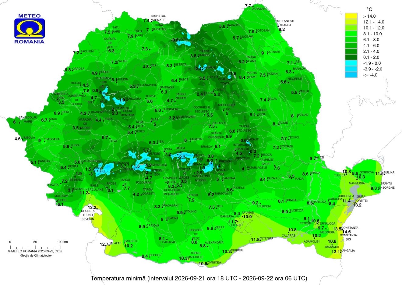 A legalacsonyabb értékek szeptember 22-re virradóan &bullet;  Fotó: Országos Meteorológiai Szolgálat