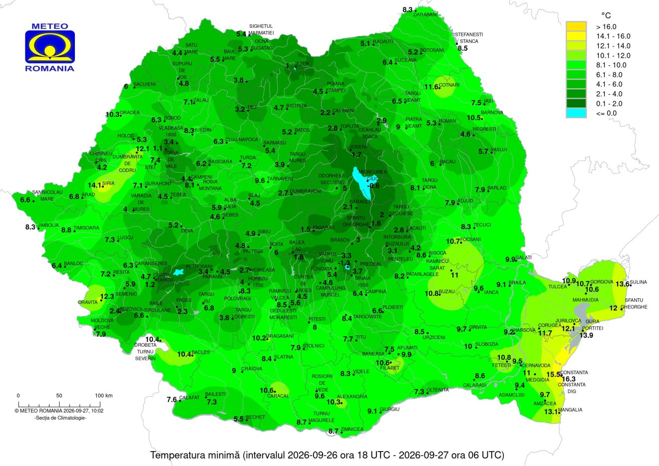 A legalacsonyabb hőmérsékleti értékek 2026. szeptember 27-re virradóan &bullet;  Fotó: Országos Meteorológiai Szolgálat