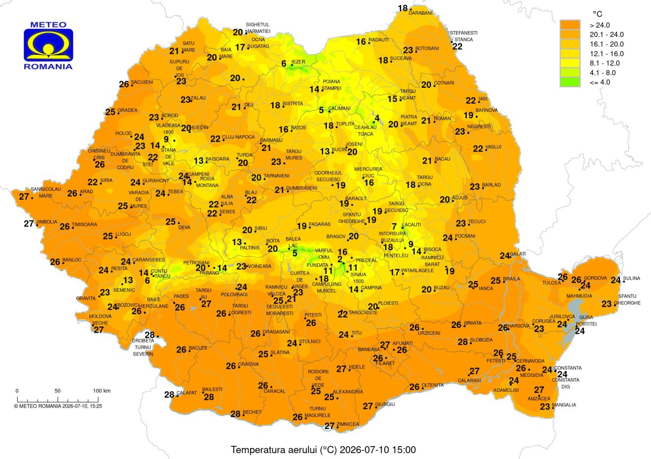 Hőmérséklet 2026. július 10-én délután három órakor &bullet;  Fotó: Országos Meteorológiai Szolgálat