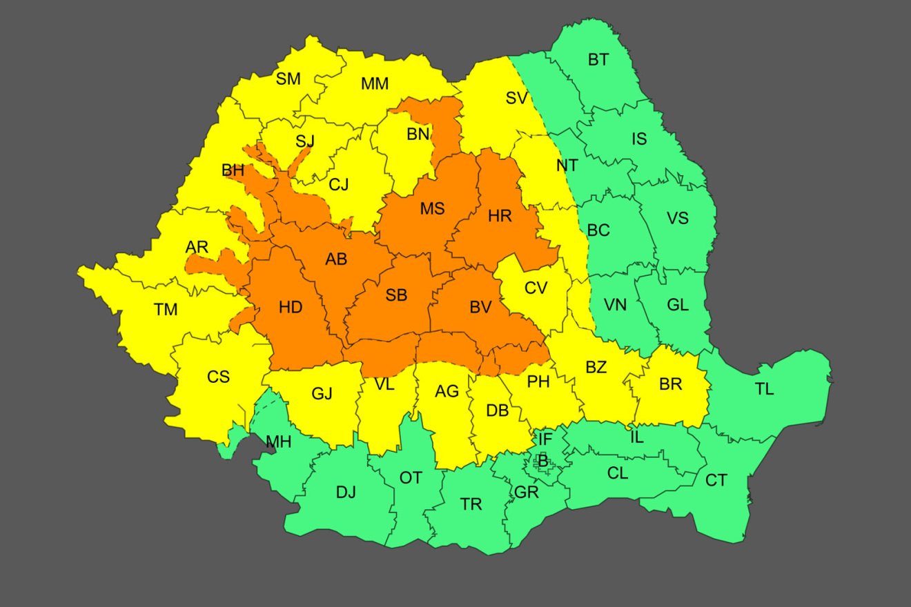 Sárgából narancssárga. Sötétebb jelzés Maros és Hargita megyében is &bullet;  Fotó: Országos Meteorológiai Szolgálat