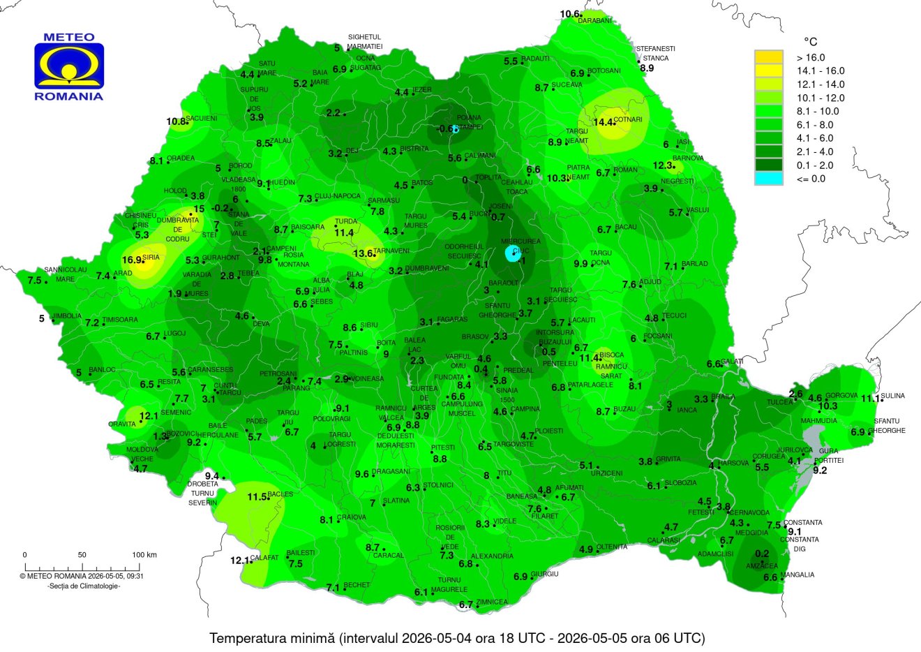 A legalacsonyabb hőmérsékleti értékek 2026. május 5-re virradóan &bullet;  Fotó: Országos Meteorológiai Szolgálat