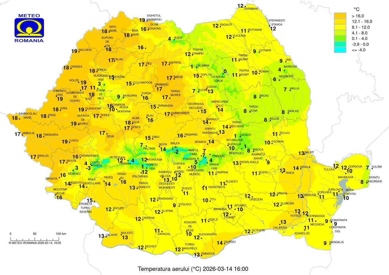 Délután négy órai felmelegedés 2026. március 14-én &bullet;  Fotó: Országos Meteorológiai Szolgálat