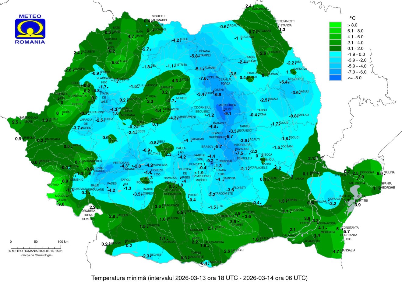 A legalacsonyabb hőmérsékleti értékek 2026. március 14-re virradóan &bullet;  Fotó: Országos Meteorológiai Szolgálat