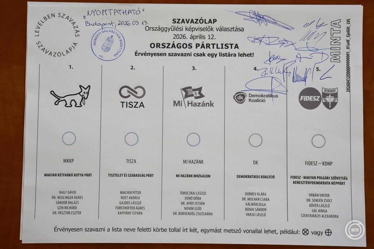 A levélben kiküldött szavazólap pecsét nélkül érvényes. Itt a pecsét helyénél a „levélben szavazás szavazólapja” felirat szerepel &bullet;  Fotó: MTI/Bodnár Boglárka