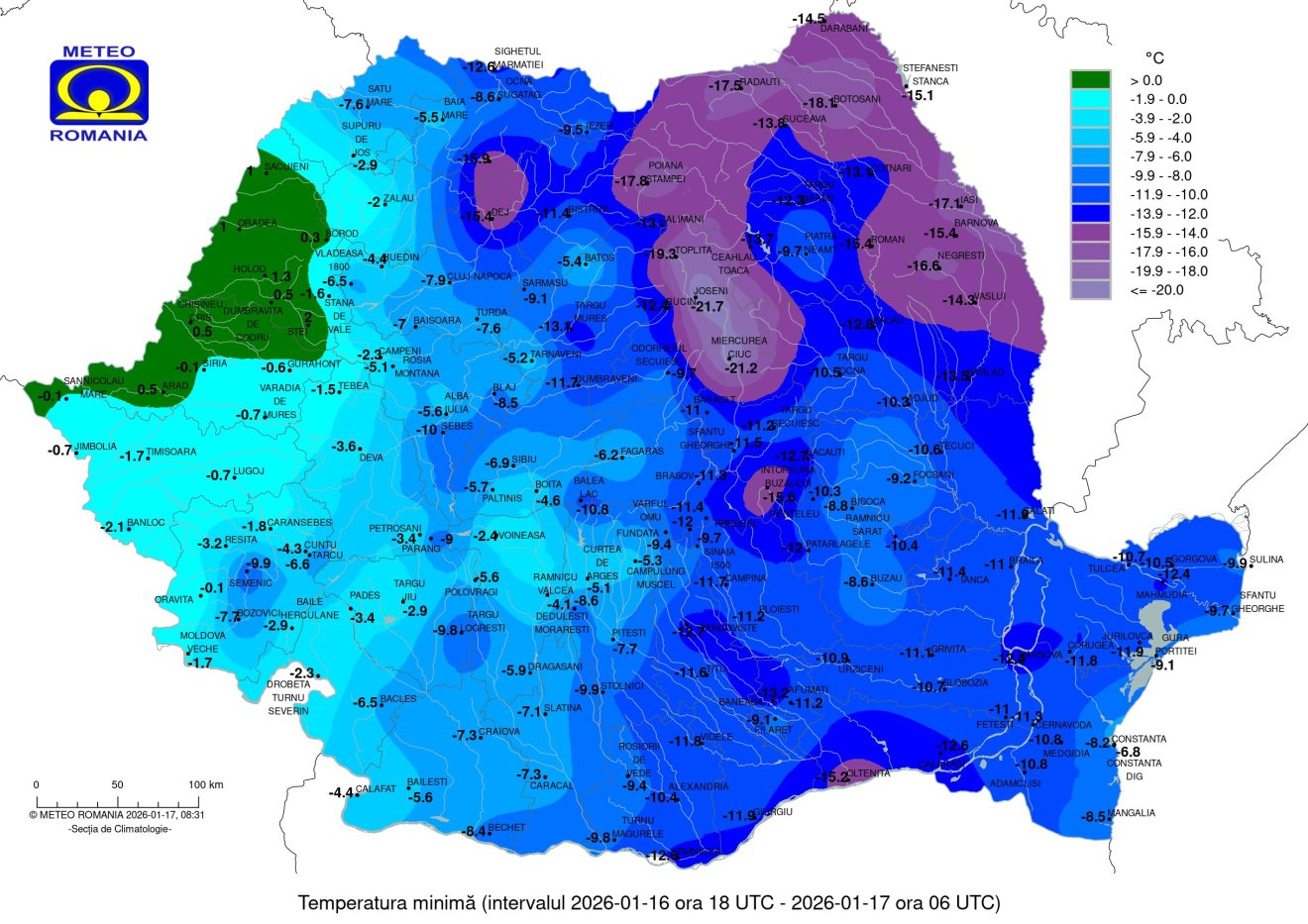 A legalacsonyabb hőmérsékletek 2026. január 17-re virradóan &bullet;  Fotó: Országos Meteorológiai Szolgálat