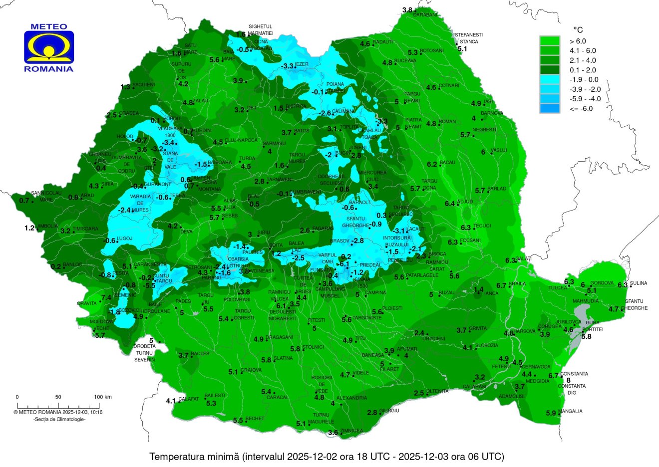 Hőmérsékleti értékek december 3-ra, szerdára virradóan. Messze még a fagytól a Csíki-medence •  Fotó: Országos Meteorológiai Szolgálat