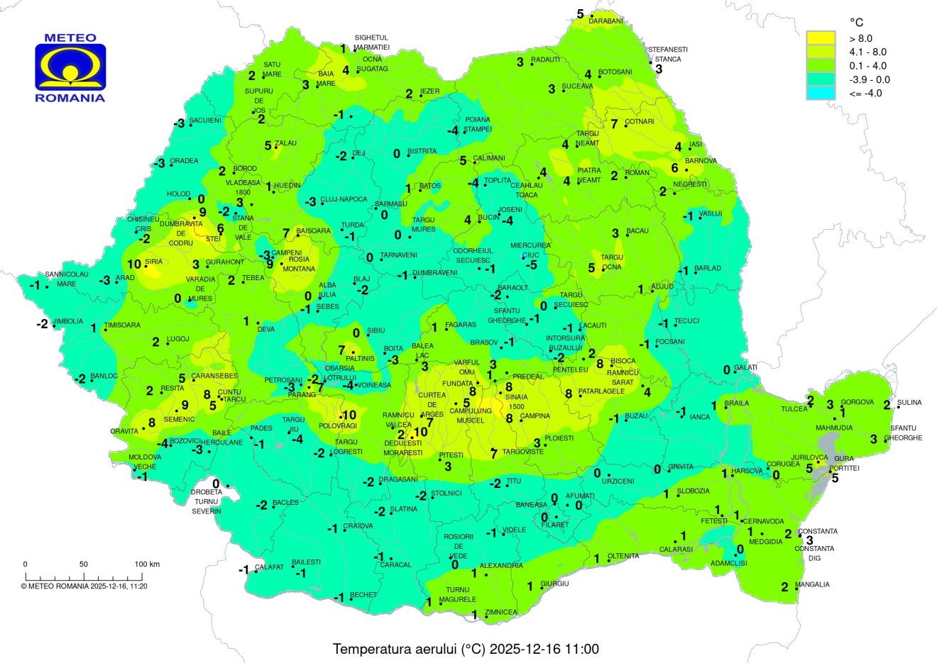 Hőmérsékleti értékek 2025. december 16-án délelőtt 11 órakor &bullet;  Fotó: Országos Meteorológiai Szolgálat