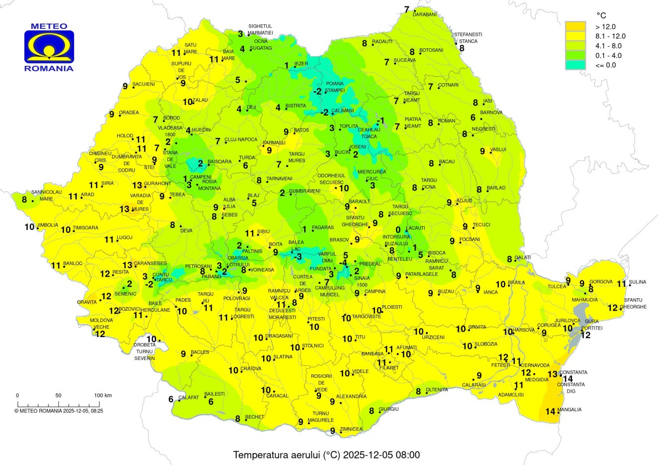 Hőmérsékleti értékek 2025 december 5-én reggel 8 órakor. Ki látott már ilyet? •  Fotó: Országos Meteorológiai Szolgálat