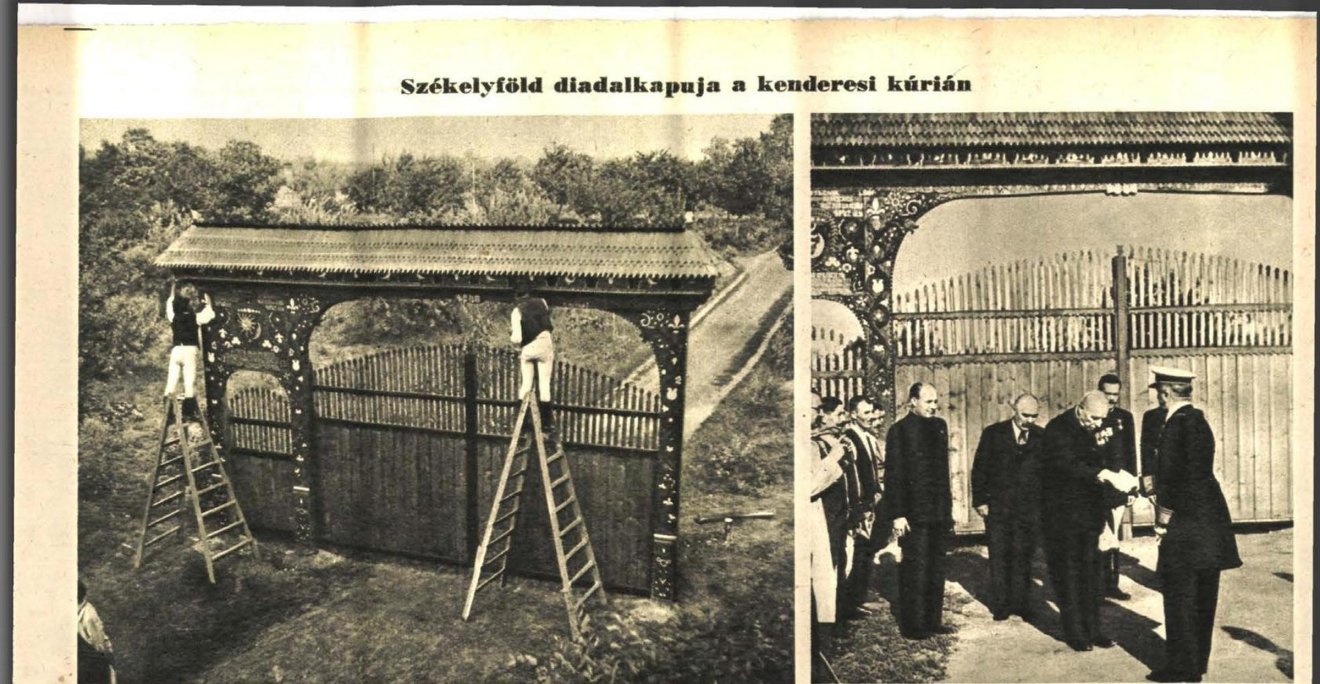 A székelyek diadalkapuja Kenderesen. Megfigyelhető, hogy nem teljesen azonos az „eredetivel”, a díszítése is más, ezen például szerepel a székely címer fő motívumának számító nap és hold