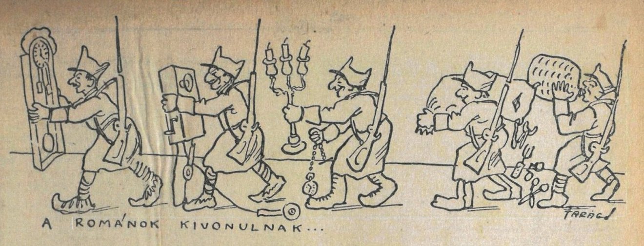Faragó József karikatúrája a mindent összerabló románokról