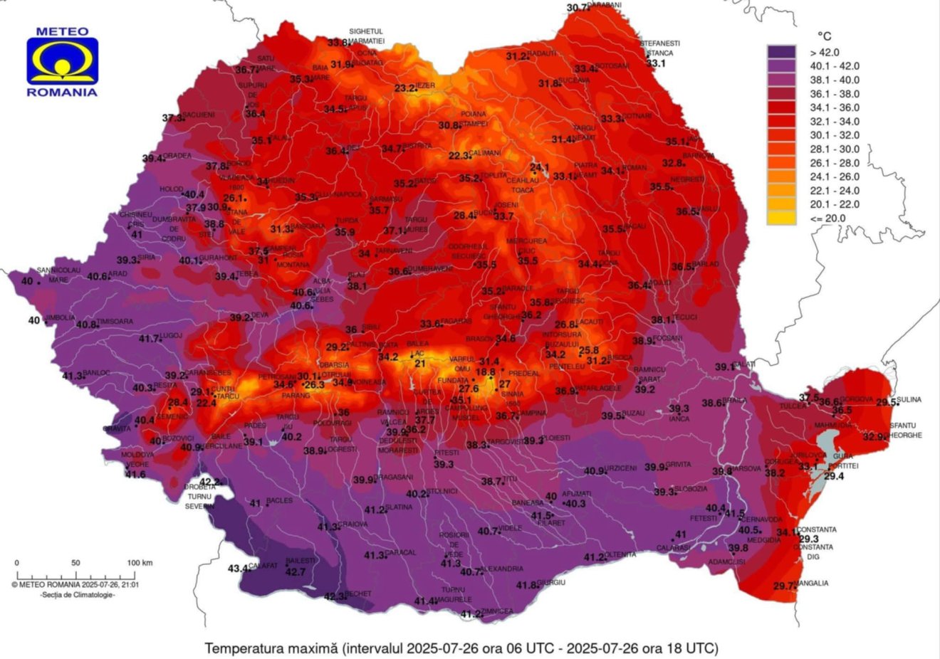 A legmagasabb hőmérsékleti értékek szombaton. Az ország déli részén volt ahol 40 Celsius-foknál is több volt •  Fotó: Országos Meteorológiai Igazgatóság