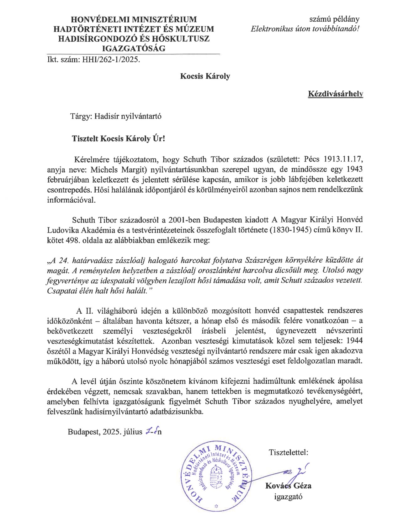 A hadisír-nyilvántartó válasza