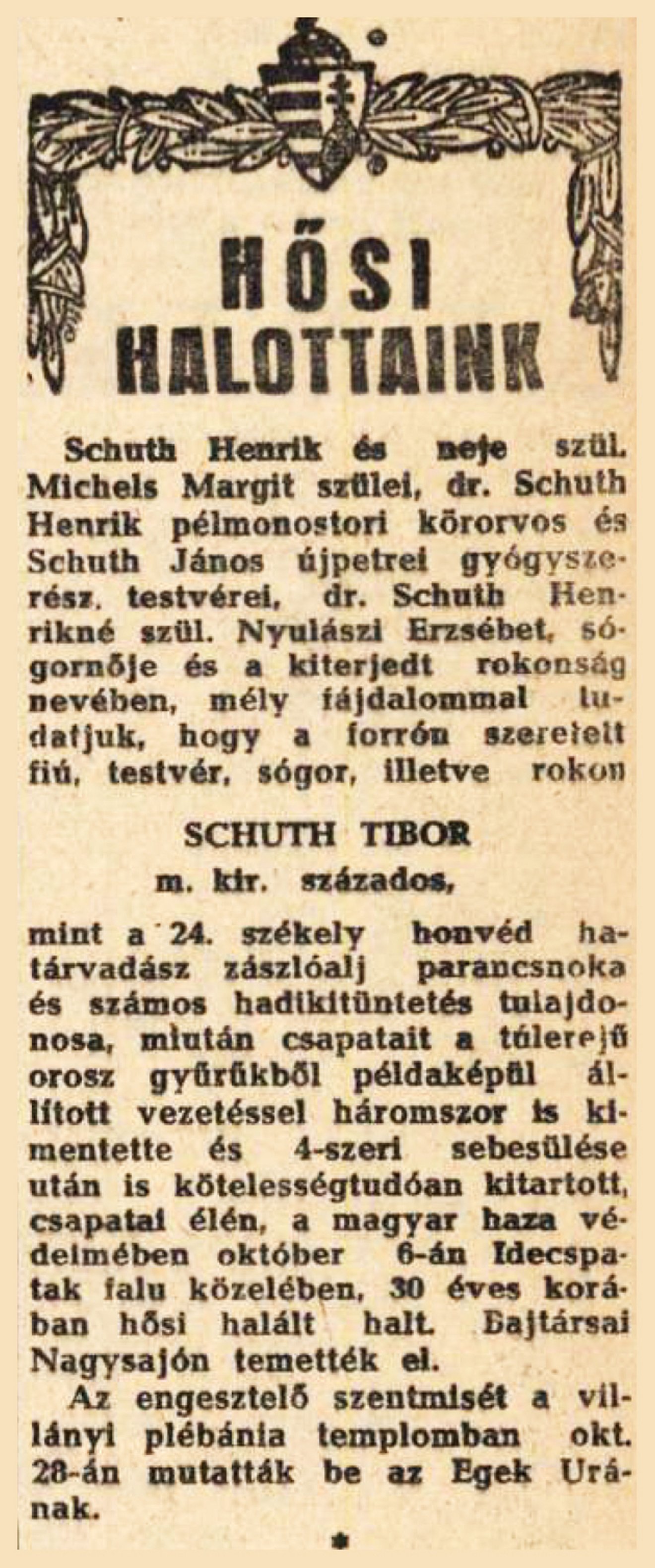 A családja által közzétett gyászjelentő
