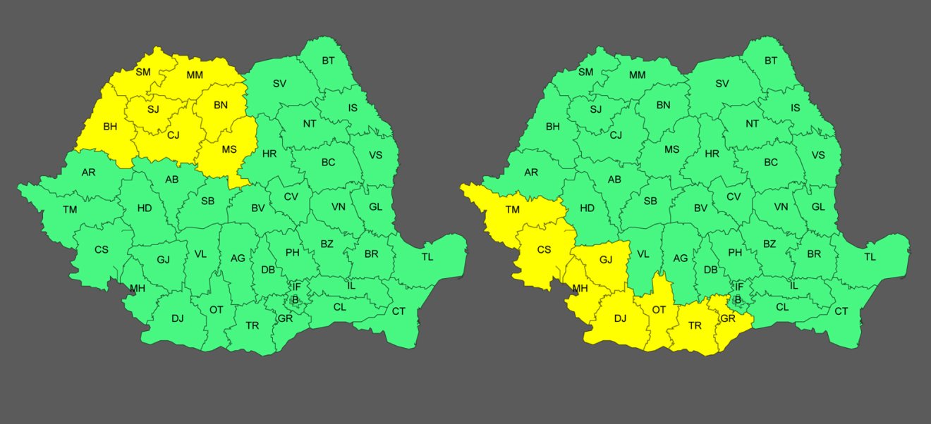 A viharra (balról) és a kánikulára (jobbról) vonatkozó elsőfokú időjárási figyelmeztetés •  Fotó: Országos Meteorológiai Szolgálat