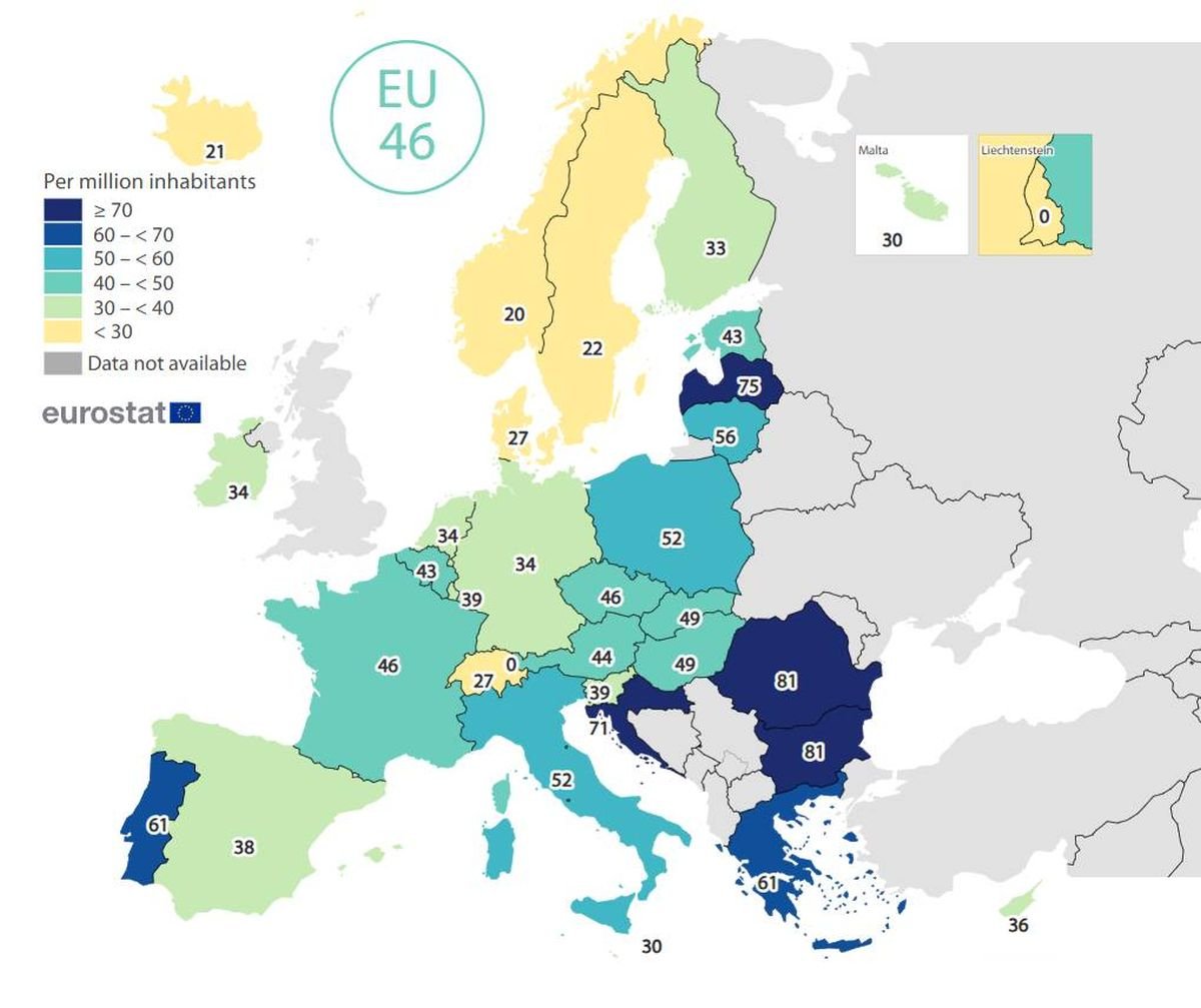 Egymillió lakosra jutó közúti halálozások száma az EU-ban 2023-ban •  Fotó: Eurostat