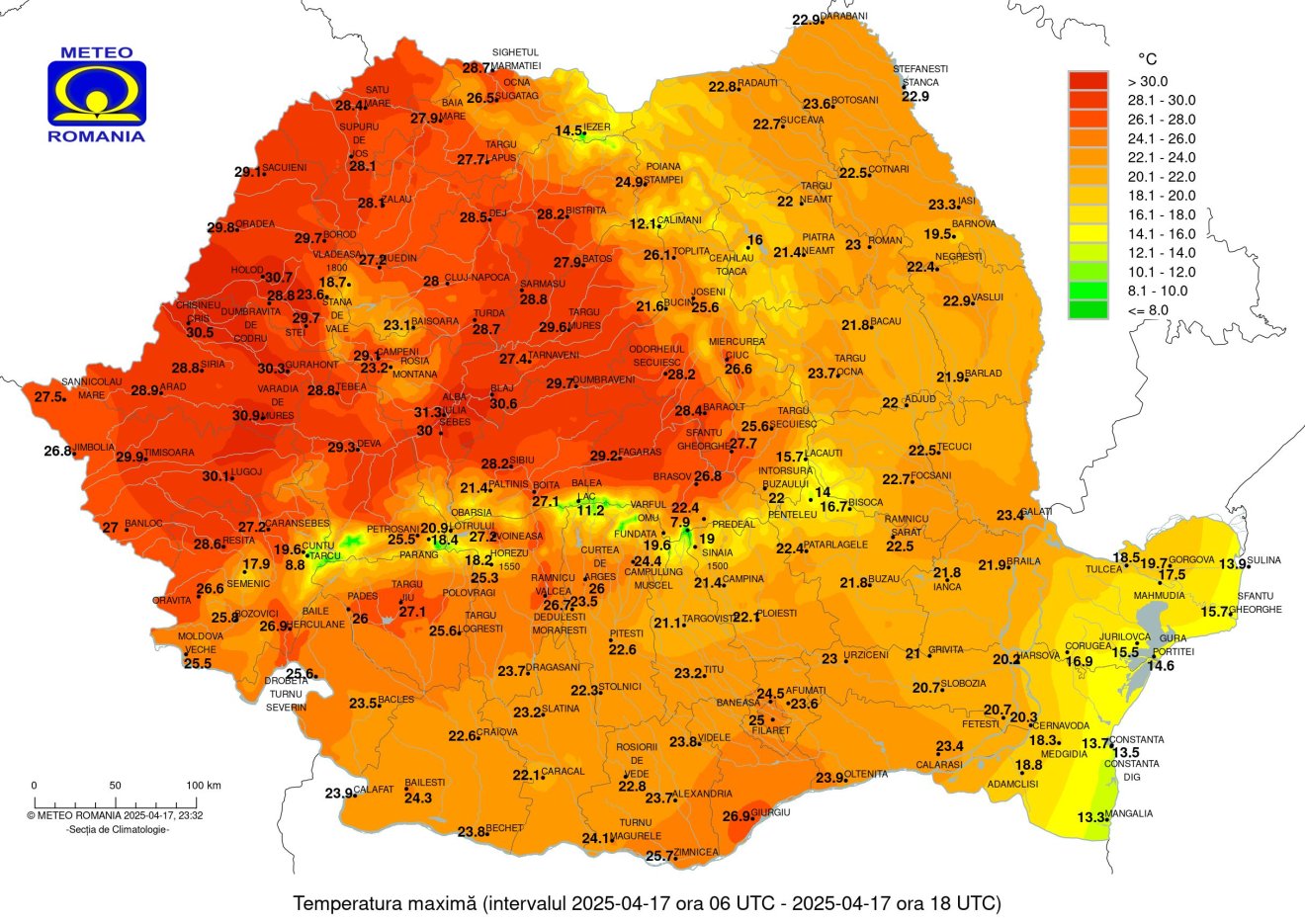 A legmagasabb hőmérsékleti értékek 2025. április 17-én, nagycsütörtökön •  Fotó: Országos Meteorológiai Szolgálat