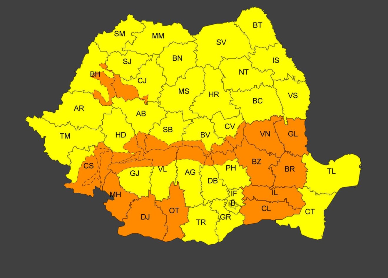 Sárga (elsőfokú) és narancssárga (másodfokú) meteorológiai riasztás alatt Románia teljes területe •  Fotó: Országos Meteorológiai Szolgálat