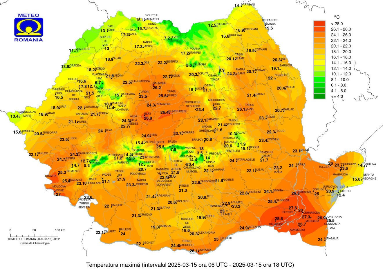 25,5 Celsius-fokos csúcsot mértek március 15-én Marosvásárhelyen •  Fotó: Országos Meteorológiai Szolgálat
