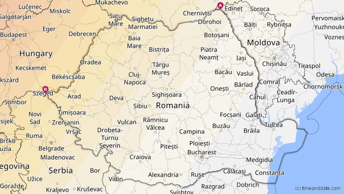 A besárgázott területeken lesz látható a 2026. augusztus 12-i részleges napfogyatkozás, immár Székelyföldön is •  Fotó: Timeanddate.com