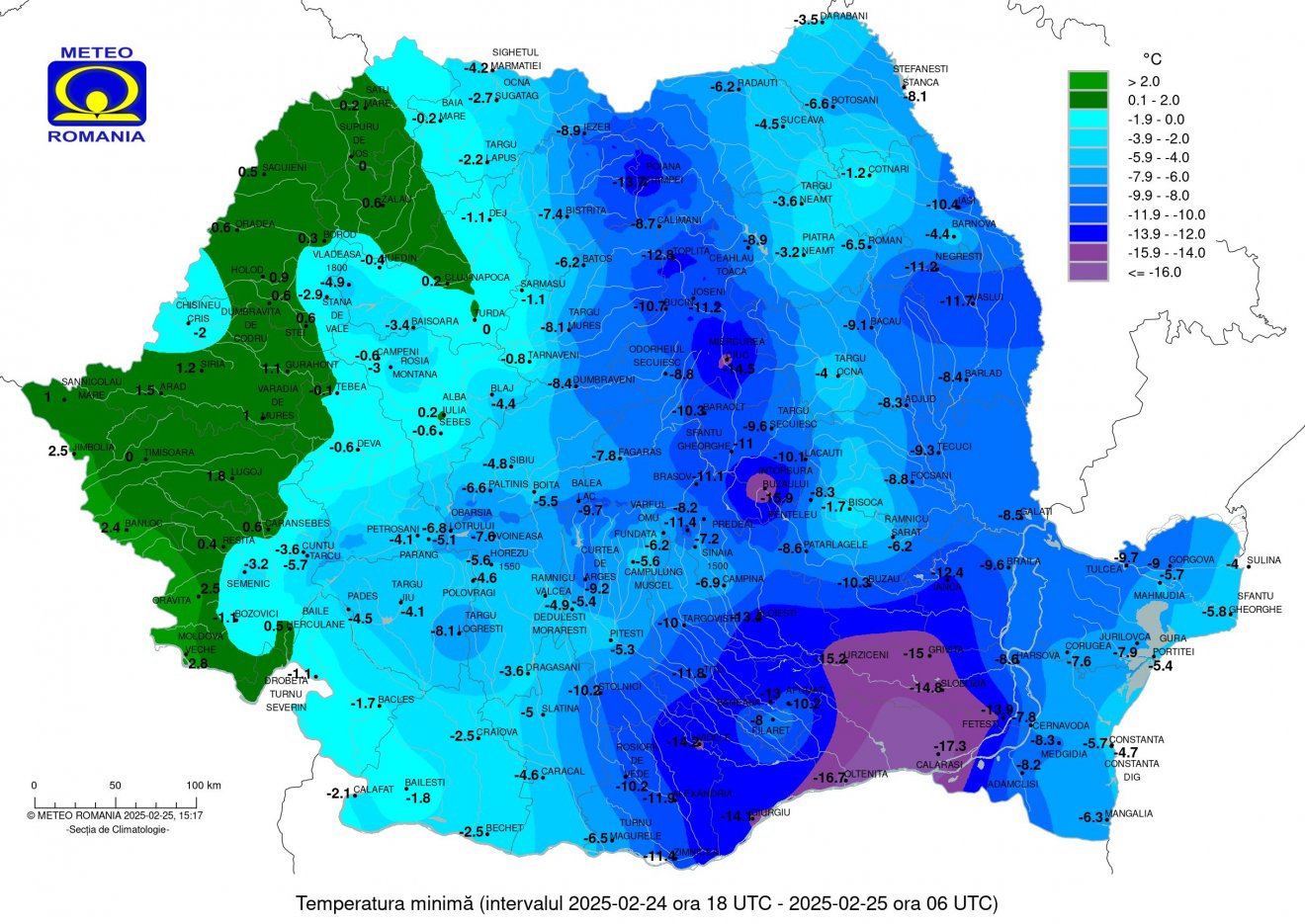 Hajnali minimum hőmérsékletek keddre virradóan •  Fotó: Országos Meteorológiai Szolgálat