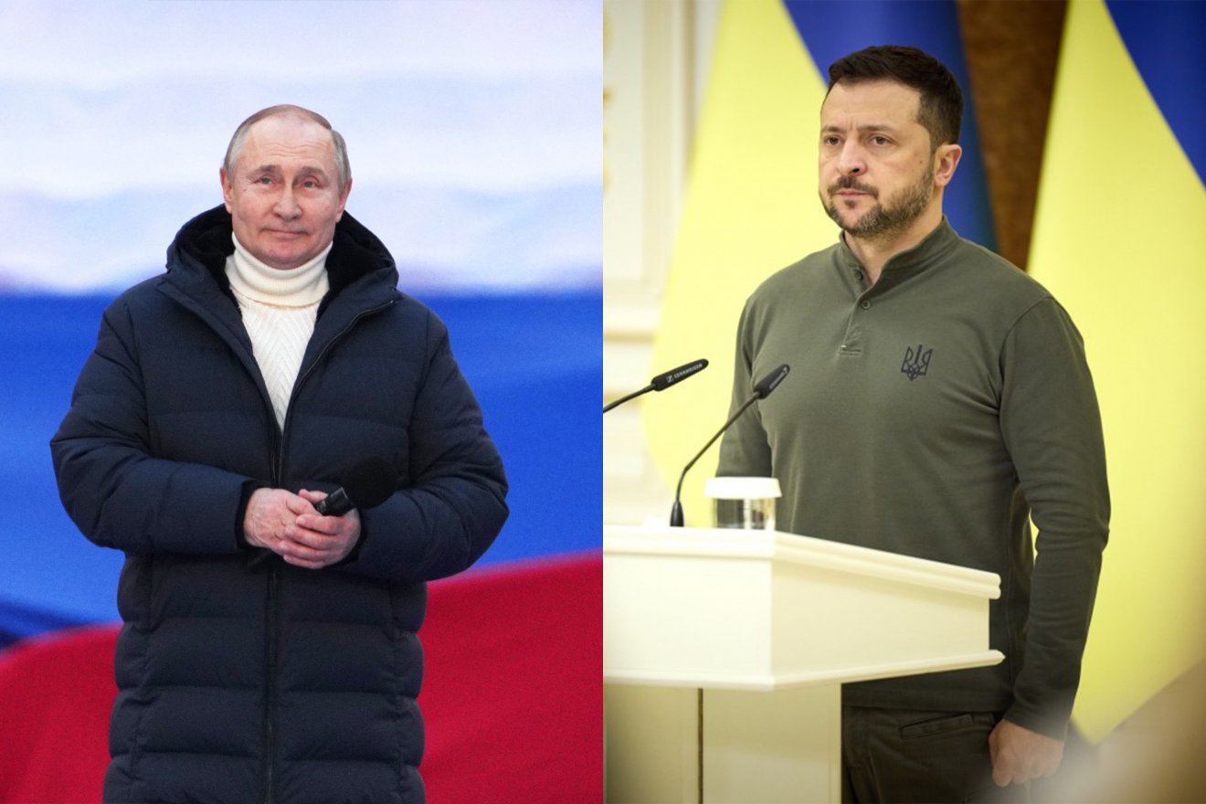 Háborúban állnak. Élesen eltér a két országvezető öltözködése •  Fotó: Alexander VILF / POOL / AFP, Official website of the President o