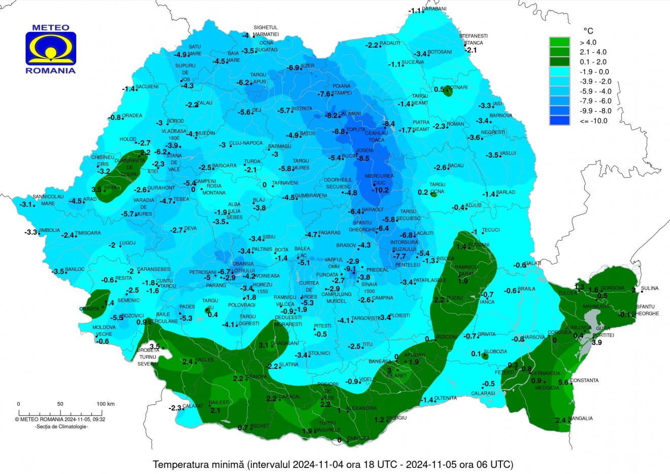 Minimum hőmérsékleti értékek 2024. november 5-én •  Fotó: Országos Meteorológiai Szolgálat