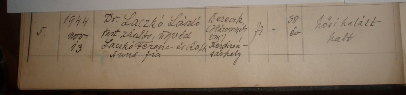 Az eredeti bejegyzés a haláláról a tarcali r. kat. egyházközség anyakönyvében •  Fotó: V. Laczkó Áron személyes archívuma