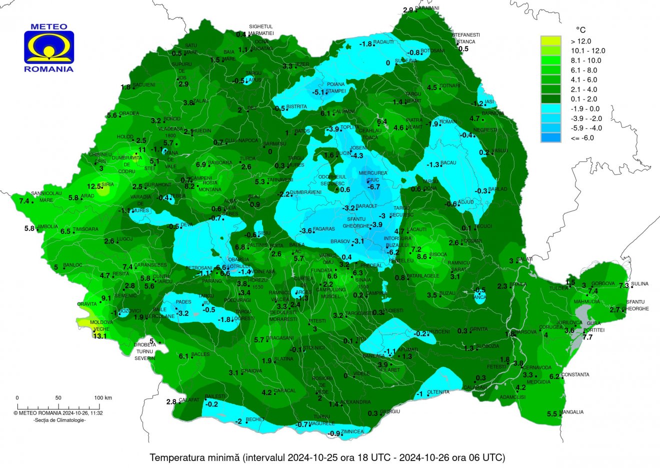 A legalacsonyabb hőmérsékleti értékek 2024. október 26-ra virradóan. Csíkszereda vezet •  Fotó: Országos Meteorológiai Szolgálat