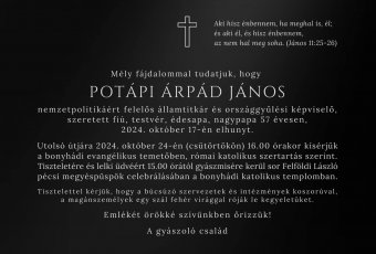 Csütörtökön temetik Potápi Árpád Jánost