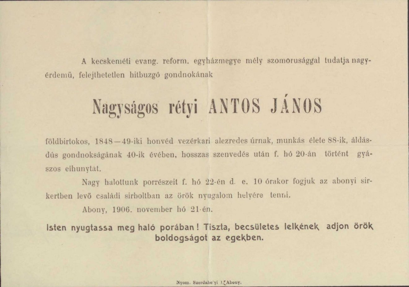Antos János gyászjelentője •  Fotó: A Magyar Tudományos Akadémia könyvtára