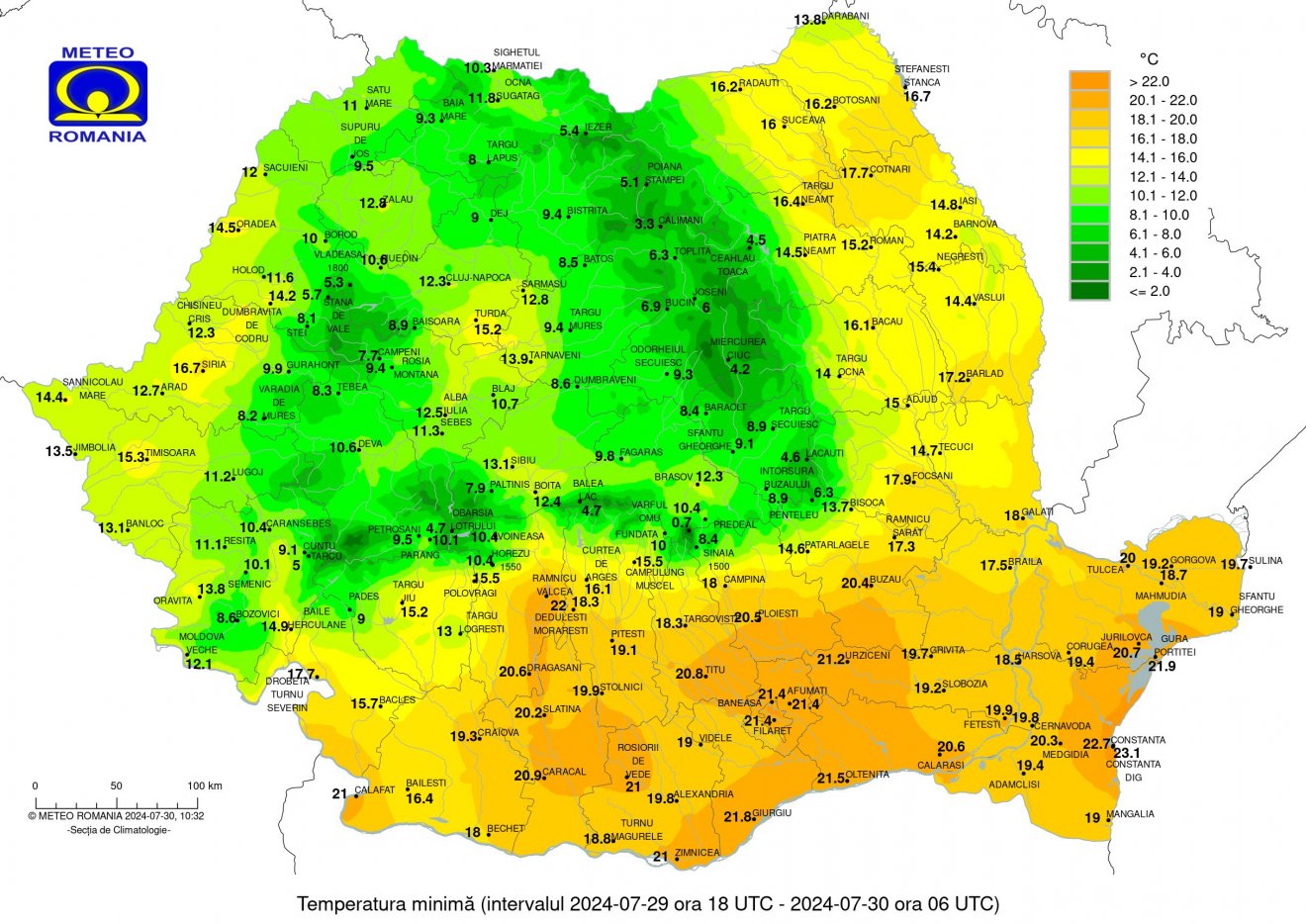 A legalacsonyabb hőmérsékleti értékek július 30-ára virradóan •  Fotó: Országos Meteorológiai Szolgálat
