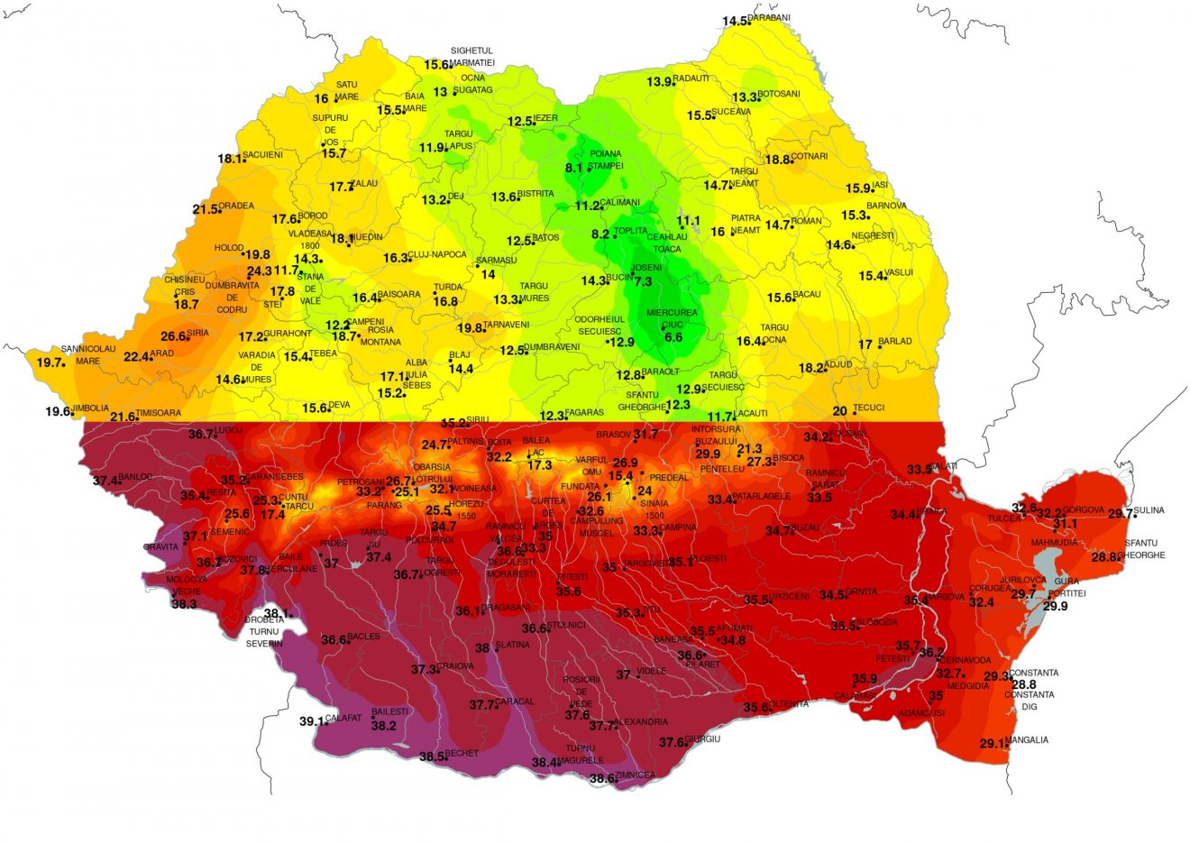 Hétfő délutáni csúcsértékek 40 fok közelében az ország déli részén (keddre már 40 fokot jósolnak), és kedd hajnali minimumértékek az ország északi részén, Csíkszeredában 6,6 fokkal. Képek forrása: Országos Meteorológiai Szolgálat 
