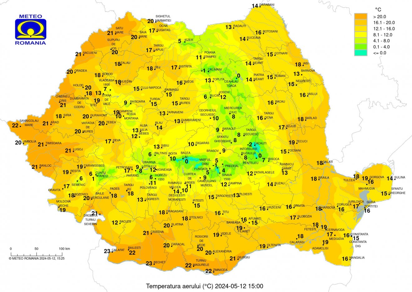 Hőmérsékleti értékek vasárnap délután 3 órakor •  Fotó: Országos Meteorológiai Szolgálat