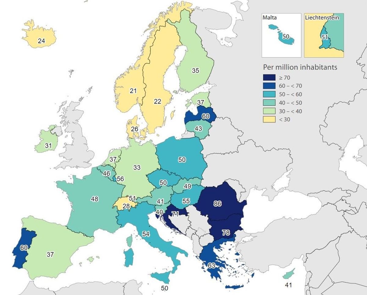 Egymillió lakosra jutó közúti elhalálozások száma 2022-ben az EU-s országokban •  Fotó: Eurostat