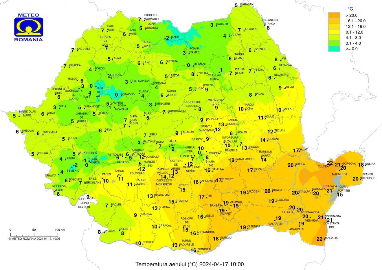 Hőmérséklet délelőtt 10 órakor. Háromszéken 13 fokot is mérnek, Marosszéken csak 6-ot •  Fotó: Országos Meteorológiai Szolgálat