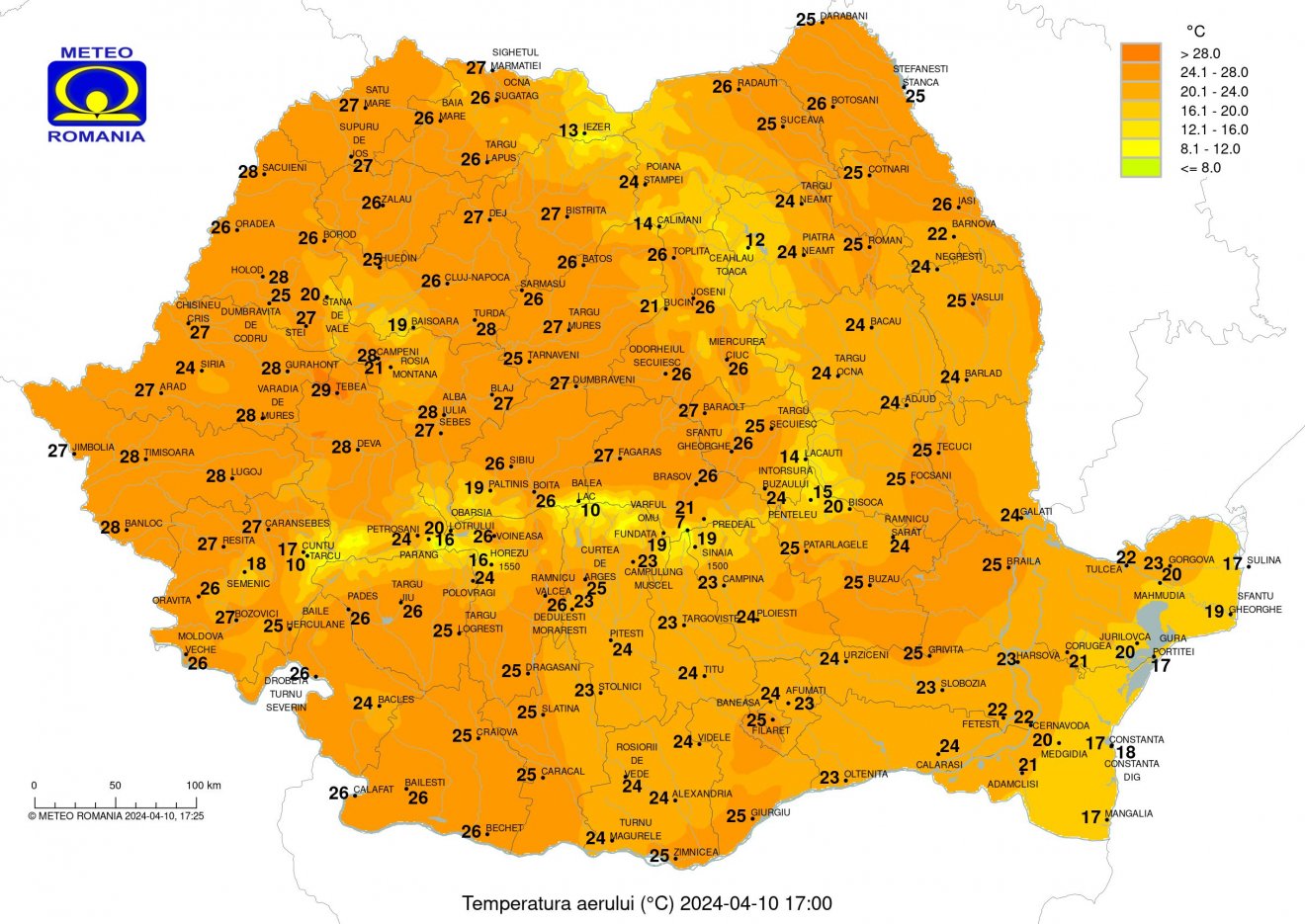 Maximum hőmérsékleti értékek ugyanaznap, délután öt órakor. 2024-ben, mert érdemes az évszámot is feljegyezni •  Fotó: Országos Meteorológiai Szolgálat