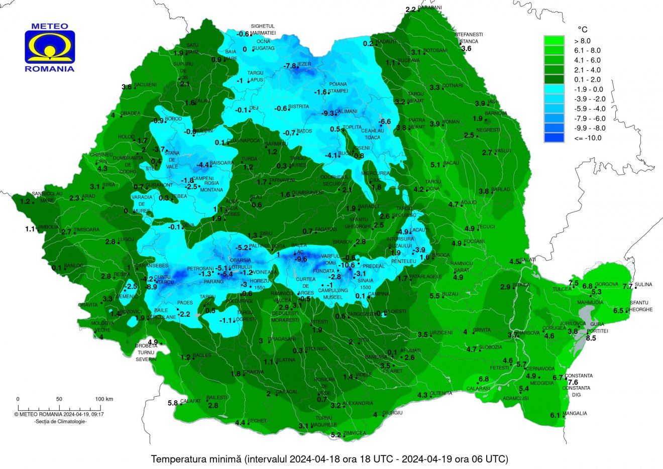 Minimum hőmérsékleti értékek április 19-re virradóan •  Fotó: Országos Meteorológiai Szolgálat