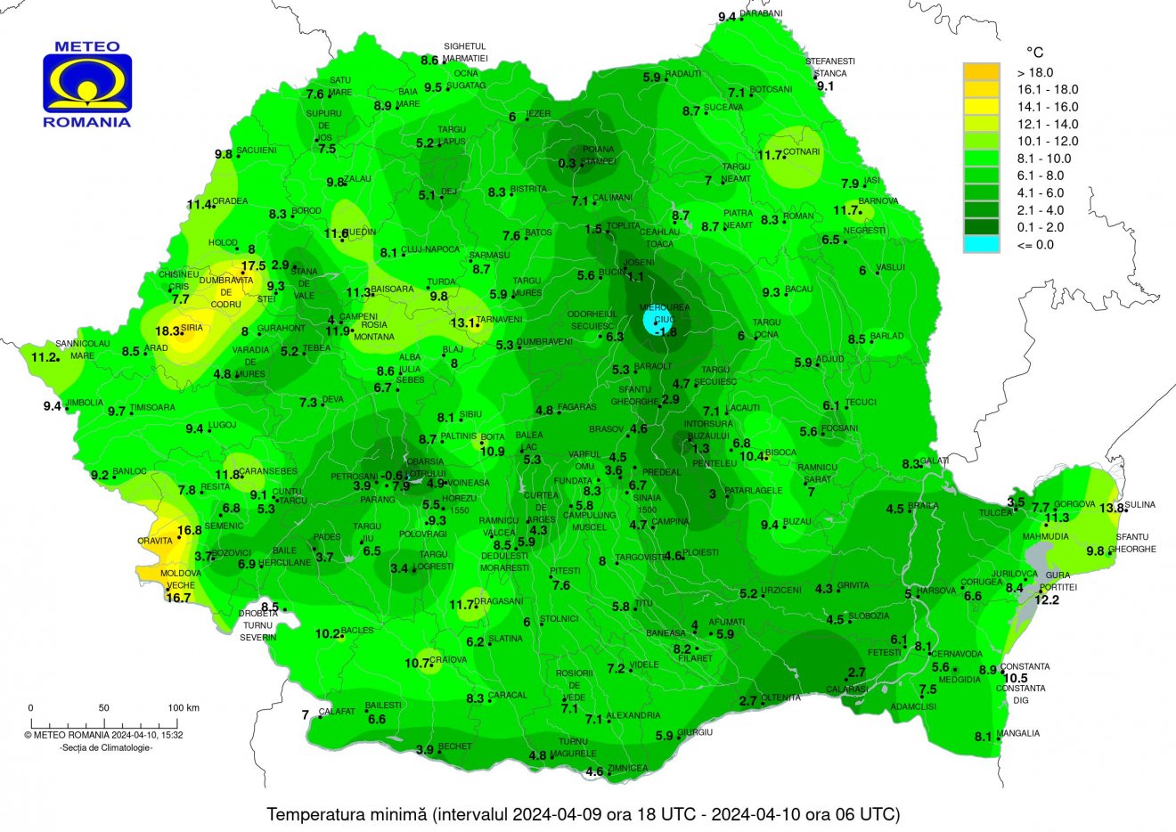 Minimum hőmérsékleti értékek szerdára, április 10-ére virradóan •  Fotó: Országos Meteorológiai Szolgálat