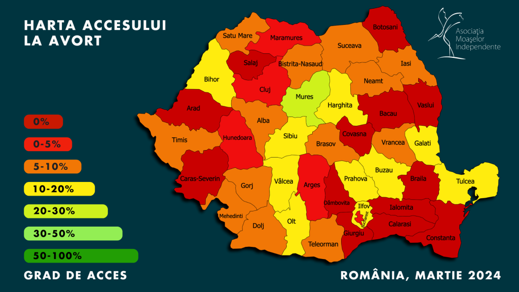 A terhességmegszakításhoz való hozzáférés aránya megyékre lebontva •  Fotó: Független Bábák Egyesülete (AMI)