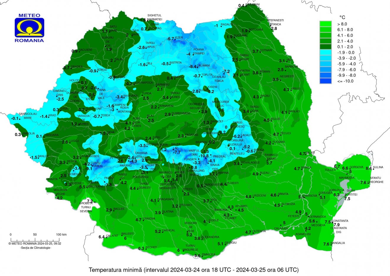 Minimum hőmérsékleti értékek március 25-re virradóan •  Fotó: Országos Meteorológiai Szolgálat