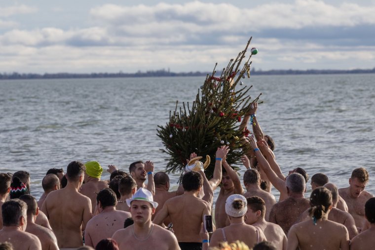 Karácsonyfát is vittek magukkal az újévi fürdőzők
