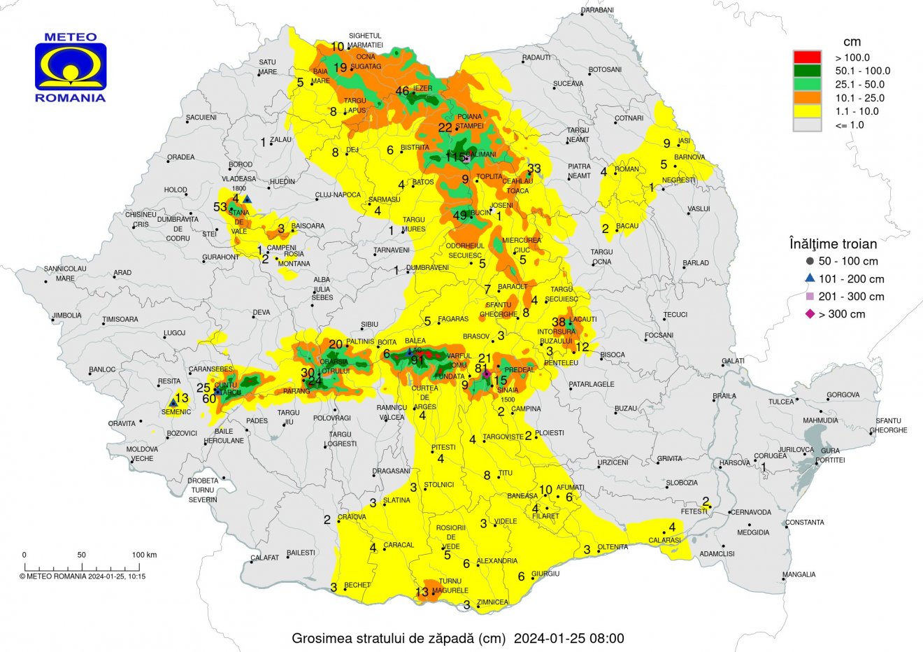 A hóréteg vastagsága január 25-én reggel •  Fotó: Országos Meteorológiai Szolgálat