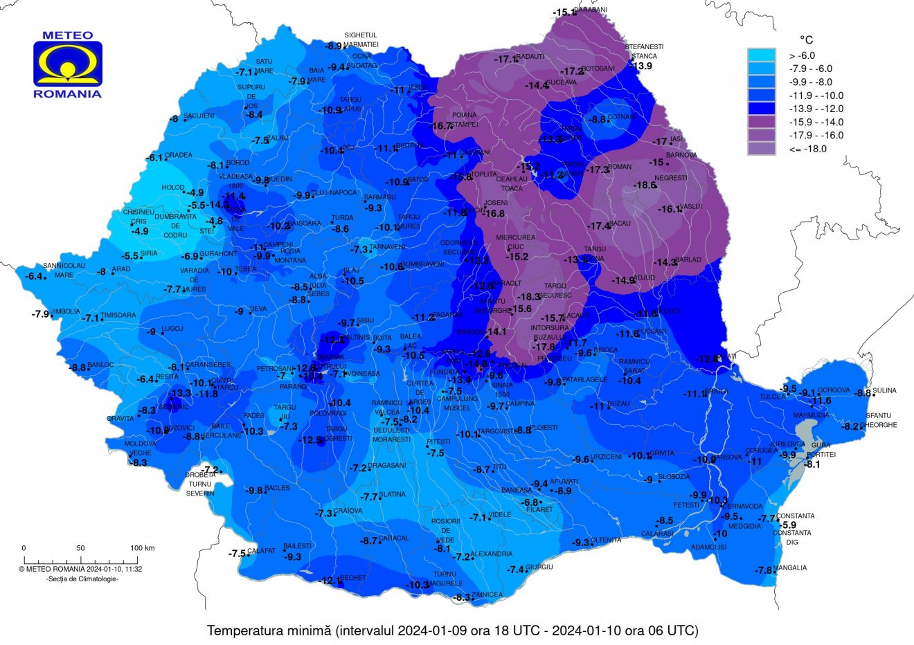 Hajnali minimum hőmérsékletek szerdán, január 10-én •  Fotó: Országos Meteorológiai Szolgálat