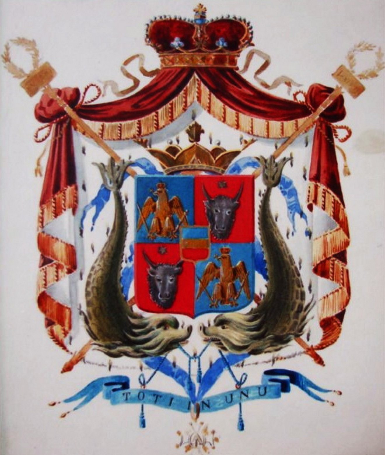 Az Egyesült Fejedelemségek Szathmári Pap Károly által készített címerterve (1863) •  Fotó: Gheorghe Buzdugan (dr. Szekeres Attila személyes archívumából)