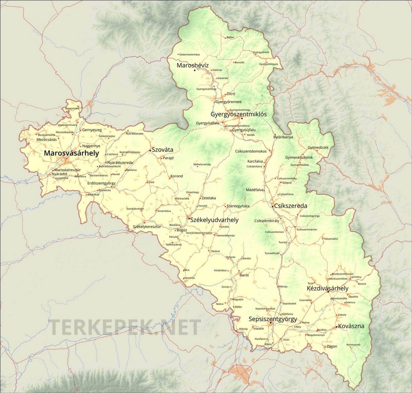 Ezen a térképen Maroshévíz bőven Székelyföld határán belül esik •  Fotó: szekelyfold.terkepek.net