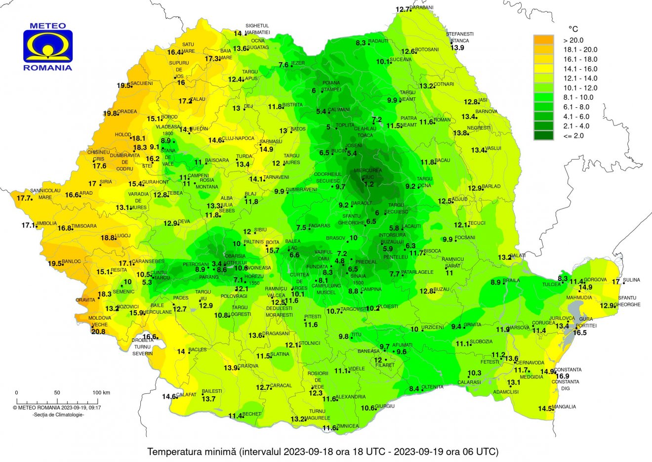 Minimum hőmérsékleti értékek keddre virradóan •  Fotó: Országos Meteorológiai Szolgálat