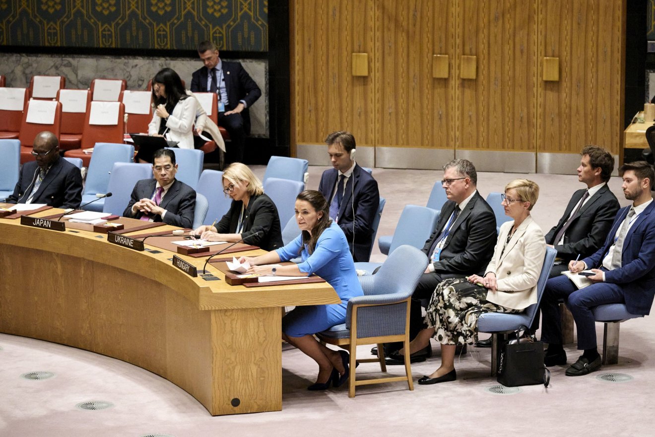 Novák Katalin köztársasági elnök (k) felszólal az ENSZ Biztonsági Tanácsában a világszervezet New York-i székházában szeptember 20-án •  Fotó: MTI/Sándor-palota/Bartos Gyula