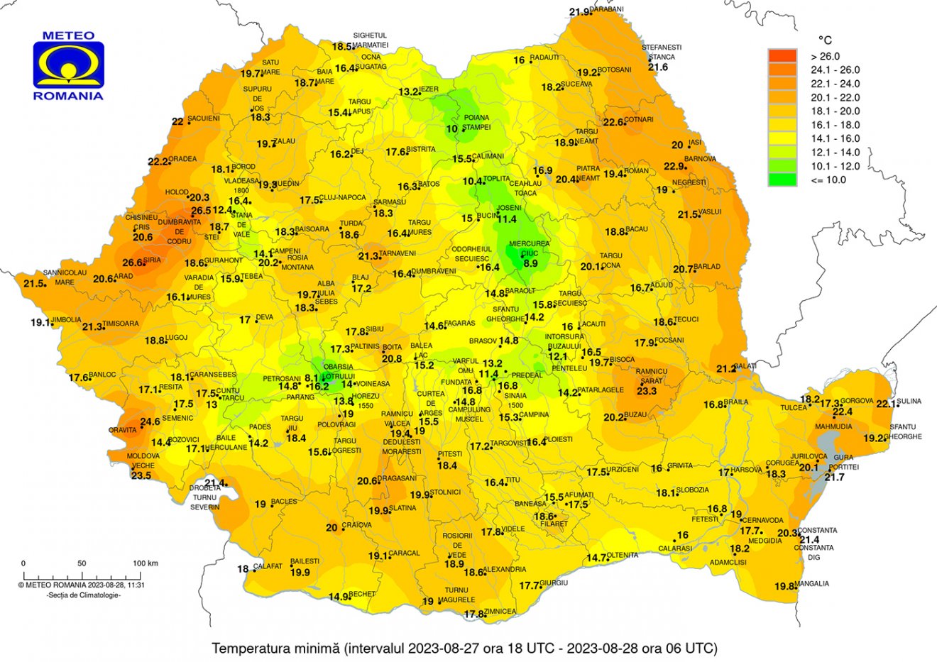Minimum hőmérsékletek hétfőrre virradóan. Csíki érdekesség •  Fotó: Országos Meteorológiai Szolgálat