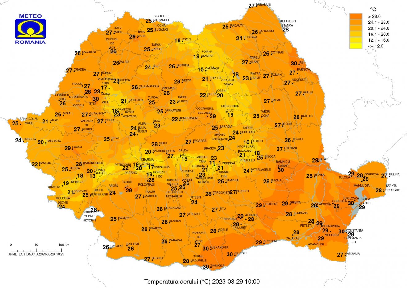 Hőmérsékleti értékek kedden délelőtt tíz órakor •  Fotó: Országos Meteorológiai Szolgálat